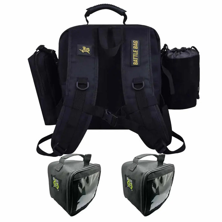 Cornhole Bag Black Backpack with two Gladiator sidekick cornhole bag carrying cases