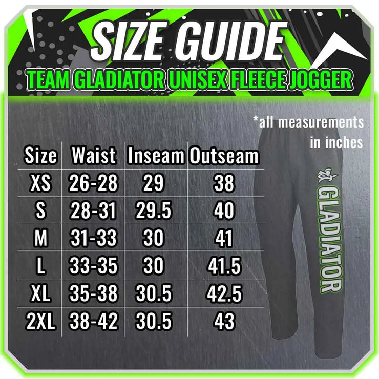 Gladiator Cornhole Gear Fleece Jogger Size Chart