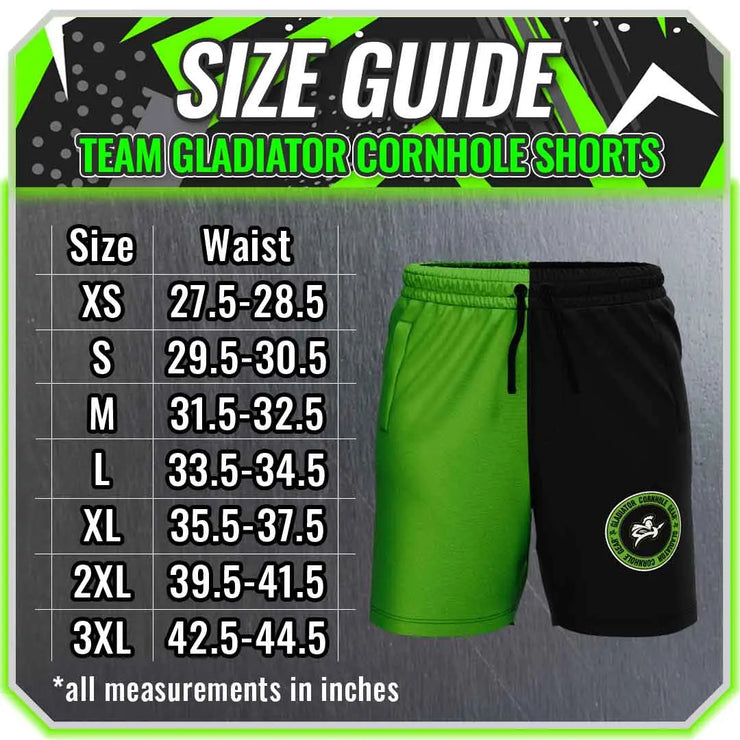 Team Gladiator Color Clash Cornhole Shorts Size Guide